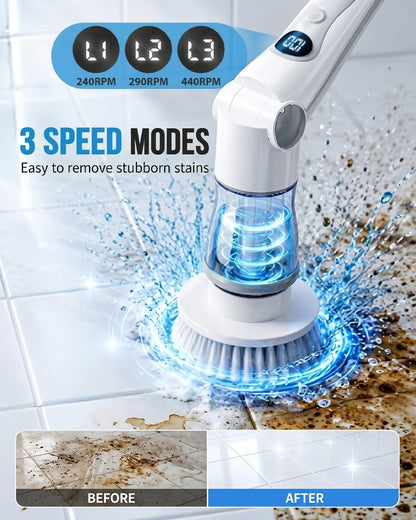 Electric Spin Scrubber, Cordless Shower Scrubber with 8 Replaceable Brush Heads, Adjustable Long Handle Bathroom Scrubber, 3 Speeds LED Display, IPX7 Waterproof Cleaning Brush for Bathtub Tile Floor