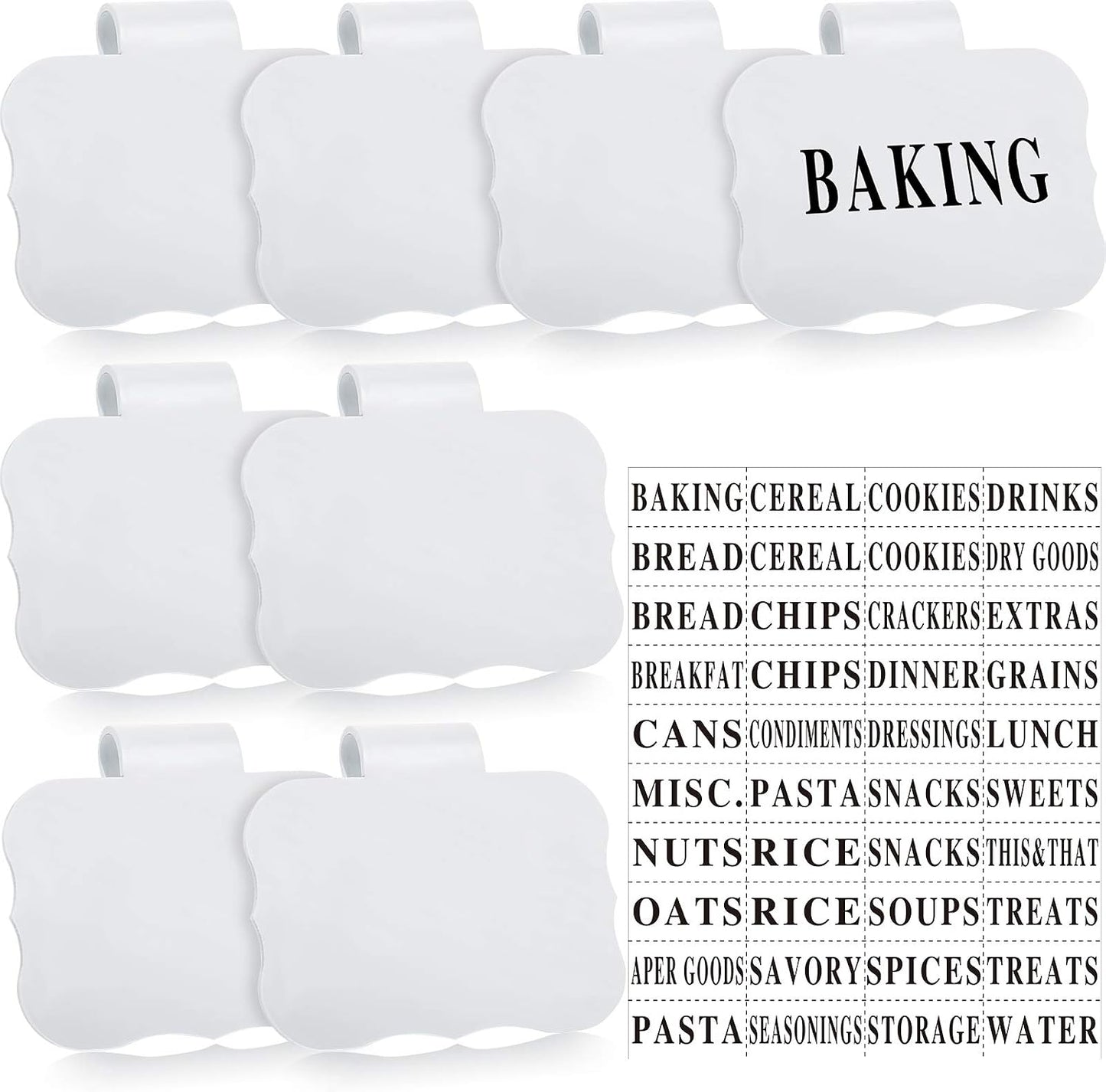Zonon 8 Pack Basket Labels Clips with 40 Pcs Pantry Labels Set Removable Bin 3.5 x 2.4 Inch - for Kitchen, Pantry, Black & White Words