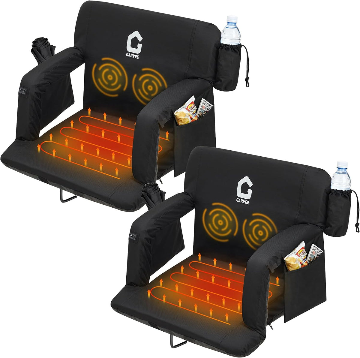 25Inch Massage & Heated Stadium Seats with Back Support and Padded Cushion - 3 Level Heating & Massage Extra Wide Bleacher Chair with Anti-Slip Mat - Football Seats, 6 Adjustable Angle, Pockets