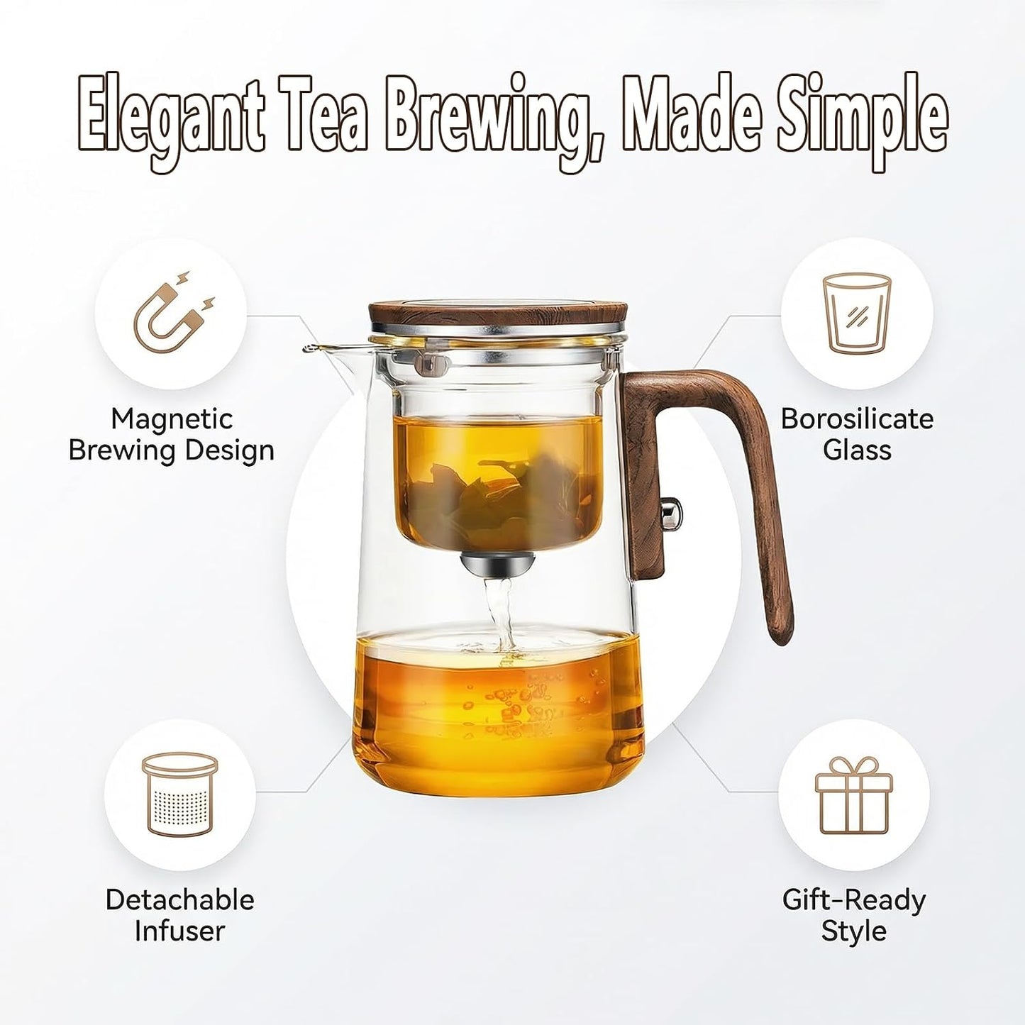 TeSabMi Magnetic Glass Teapot with Infuser, 27 oz, One-Touch Brewing | Heat-resistant borosilicate glass, detachable infuser and controlled tea separation for loose leaf, herbal and blooming tea