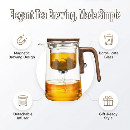 TeSabMi Magnetic Glass Teapot with Infuser, 27 oz, One-Touch Brewing | Heat-resistant borosilicate glass, detachable infuser and controlled tea separation for loose leaf, herbal and blooming tea