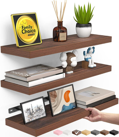 BAYKA Rustic Brown Floating Shelves 22.5in, Set of 2, Wall Mount Wood Shelf | Easy Install, 22lbs Max Load, Hidden Bracket, for Bathroom Bedroom Living Room or Kitchen, Hanging Shelf Book Decor Storage