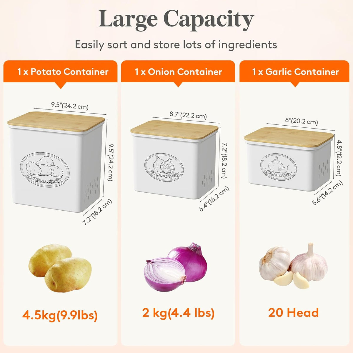 Lifewit Plastic Potato and Onion Storage Bin Box, Set of 3, White