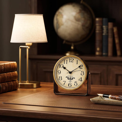 Analog Alarm Clock - 4.5" Silent Non Ticking Small Clock with Light, Rotatable Stand Metal Desk Clock Battery Operated, Simple Design for Living Room Decor/ Bedroom/Bedside/Shelf (Black & White)