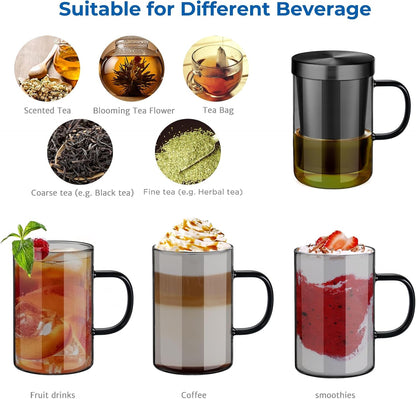 ecooe 16.9 OZ Borosilicate Glass Tea Mug Cup Glasses with Stainless Steel Infuser & Lid, Loose Leaf Tea Cup Clear Teacup 430mL(Use Capacity) | 500ml, Clear Glass Tea Cup, with Stainless Steel Infuser/Lid, Teacup for Loose Leaf Tea, Birthday for Parents