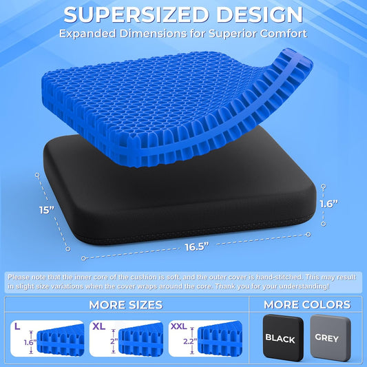 TushGuard Gel Seat Cushion for Long Sitting, Breathable Thick Patent Design | Enlarged Cooling Chair Pad for Office Chair, Wheelchair, Desk Chair, Supportive Car Cushion (Standard, Black+Violet)