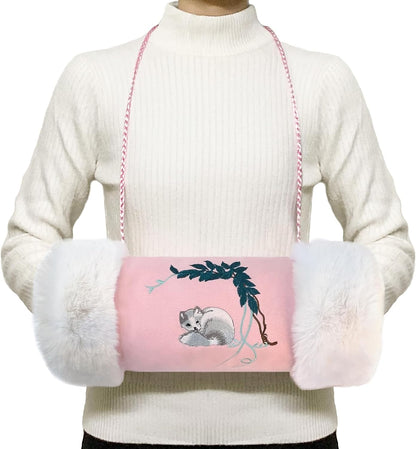 Faux Fur Hand Muffs for Women Girls, Portable Winter Hand Warmer Pouch with Pocket and Strap, Cute Pink Embroidery Pattern Hand Muffler for Cold Weather