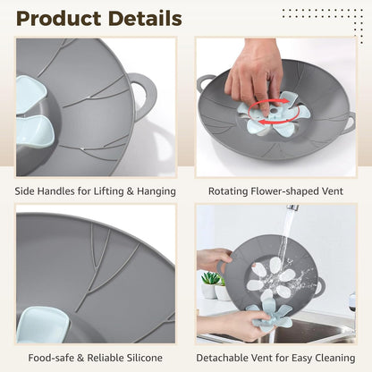 3 Pcs Silicone Spill Stopper Lids, 3 Sizes Splatter Covers, Reusable Lids with Flower Vent, Universal Pot Covers, Boil-Over Protectors, Safe for Microwave, Oven, Stovetop, Dishwasher