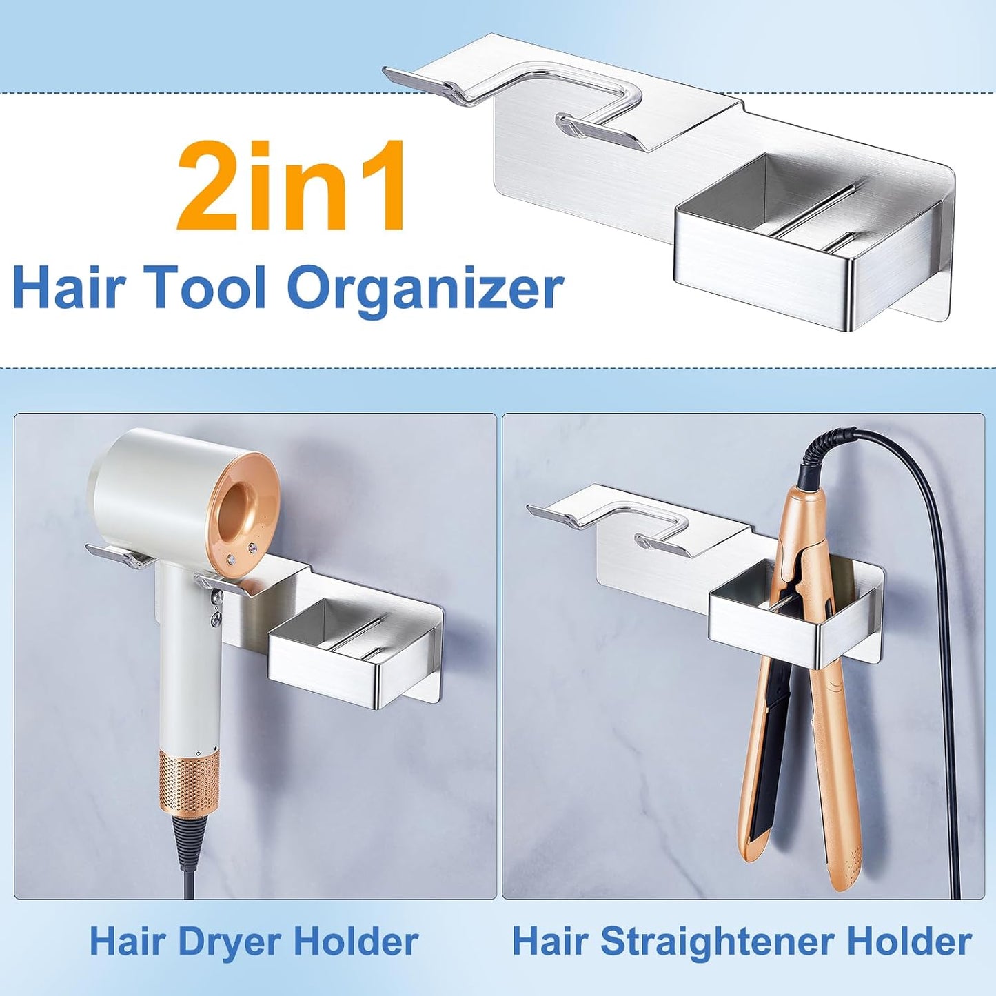 Hair Dryer Holder Wall Mounted, Hair Straightener Holder Metal, Adhesive Blow Dryer and Hair Straightener Holder, Bathroom Bedroom Hair Tool Organizer for Flat Iron,Curling Iron,Hairdryer (White)