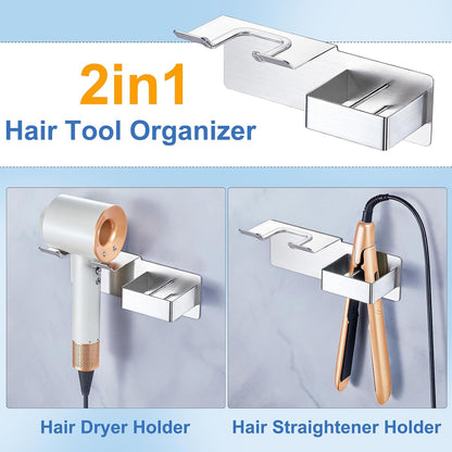 Hair Dryer Holder Wall Mounted, Hair Straightener Holder Metal, Adhesive Blow Dryer and Hair Straightener Holder, Bathroom Bedroom Hair Tool Organizer for Flat Iron,Curling Iron,Hairdryer (White)
