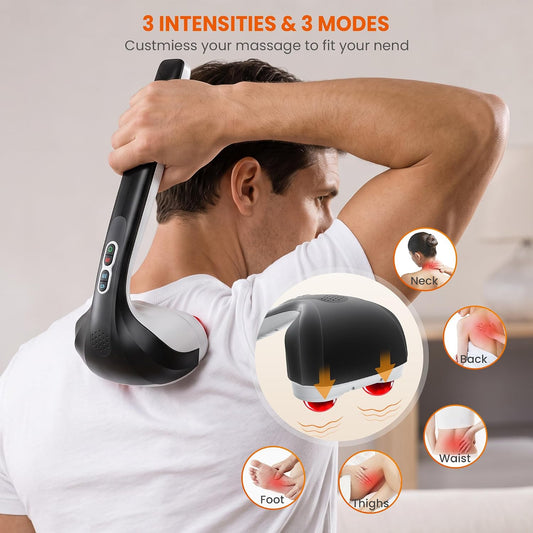 Snailax Cordless Handheld Back Massager with Heat, Deep Tissue Percussion Massager, 3 Sets of Dual Pivoting Heads,Rechargeable Hand Held Massager for Neck,Back Shoulder,Calf,Legs