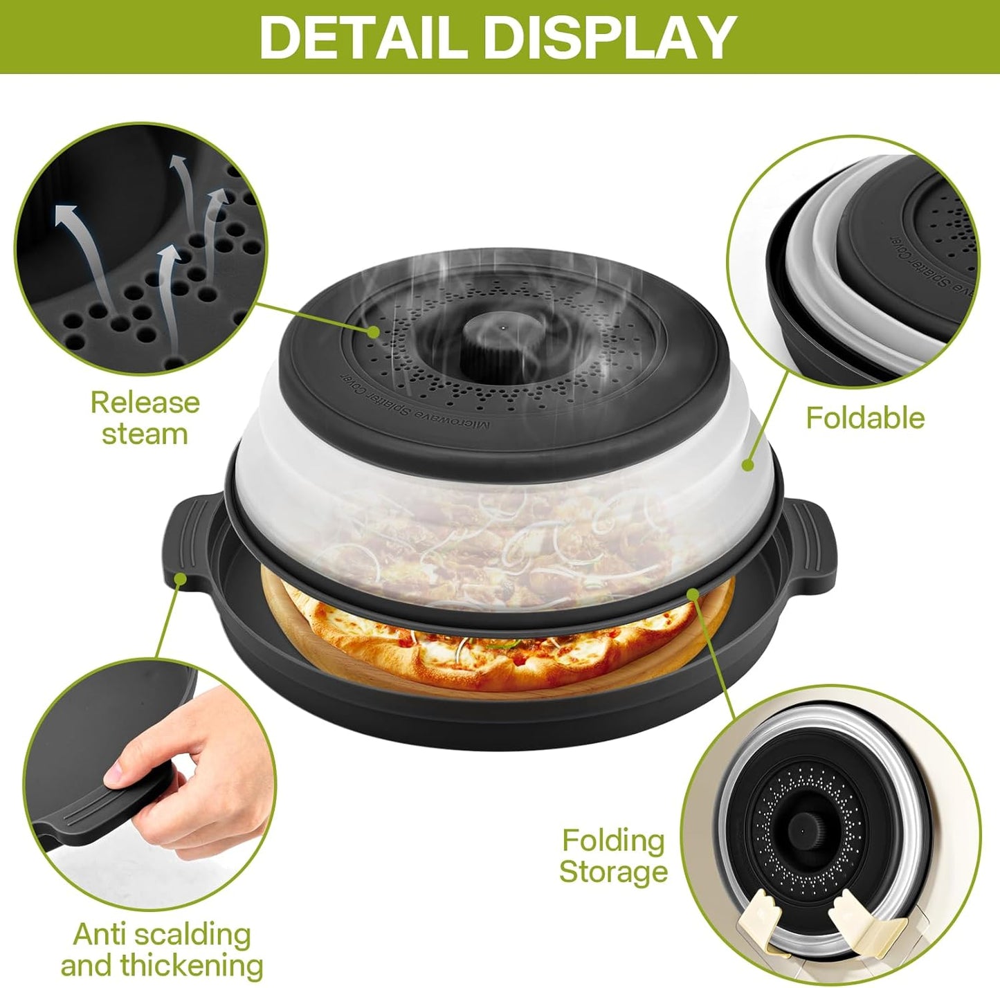 Microwave Splatter Cover for Food with Anti-Scald Base Plate and Handles, Large BPA-Free Silicone Vented Collapsible Guard Lid, Kitchen Essential Gadget for Meal Prep, 10.7 Inch(gray)