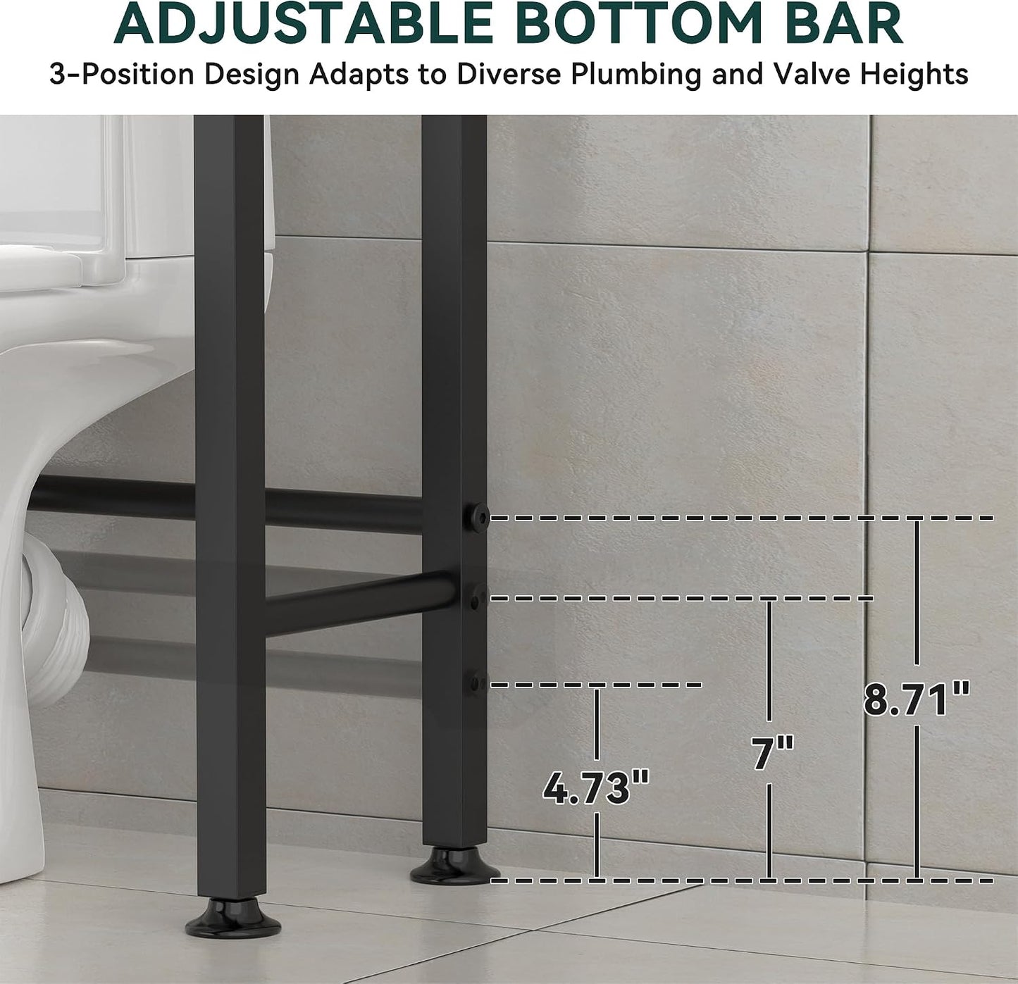 GloTika 3-Tier Over Toilet Storage, Anti-Tilt, 64" H, Black | Anti-Tilt Safety System, 150lb Capacity, Carbon Steel, Freestanding, No Drilling, Anti-Rust Coating, Paper Holder & 4 Hooks