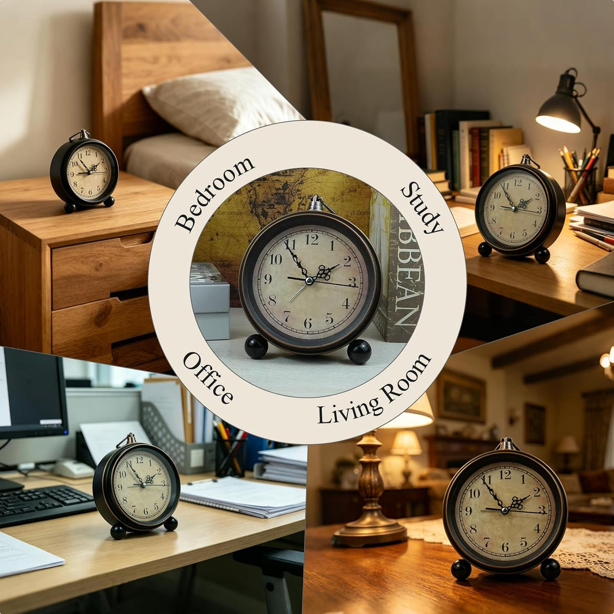 Vintage Analog Alarm Clock, 5.5 inch Hangable Super Silent Non Ticking Clock for Living Room, Bedroom, Desk, Gift Clock for Children Adults and Artist(Arabic)