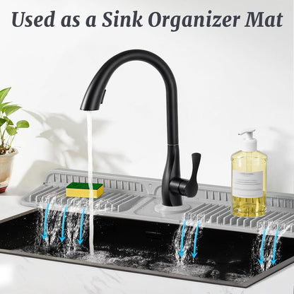 PoYang 24 Inch Faucet Mat for Kitchen Sink Splash Guard, Silicone, Black | Sink Protectors with 7° Slope for Smooth Drainage, Snap Button Holds It in Place, 90° Foldable & Cuttable Hole Fit Most Sinks