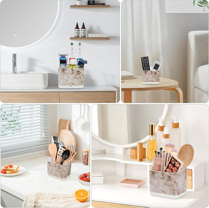 Bathroom Toothbrush Holders, Toothbrush and Toothpaste Holder (Wood Grain) | Easy To Clean, Drainage, Removable, Non-Slip, 4 Slots Tooth Brush Holder for Bathroom Countertop Organizer