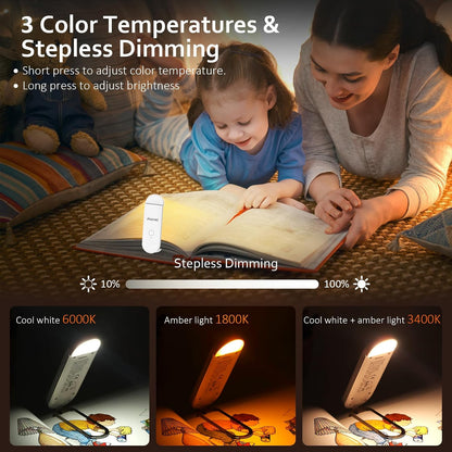 Akomid USB Rechargeable Book Light for Reading in Bed, 8 LEDs Bookmark Style Clip on, Eye-Cared Amber Light Mode for Kids, Blue Light Blocking, Stepless Dimming,Khaki