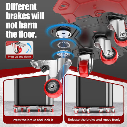 LOYAL TIGER 1500LBS Heavy Duty Furniture Dolly & Movers Set (5.4 Inch, Red) | 5-Wheel Carbon Steel Rollers with Locking Casters & Lifter. Moving Kit for Refrigerator, Washer, Sofa & Cabinet.