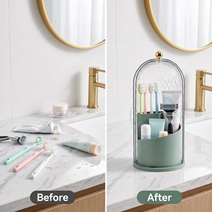 Toothbrush Holder with Cover for Bathroom Countertop, Organizer, White | Rotating 3 Slot Holder for Electric Toothbrushes, Toothpaste, Self Draining Vanity Organizer, Makeup Brush Storage