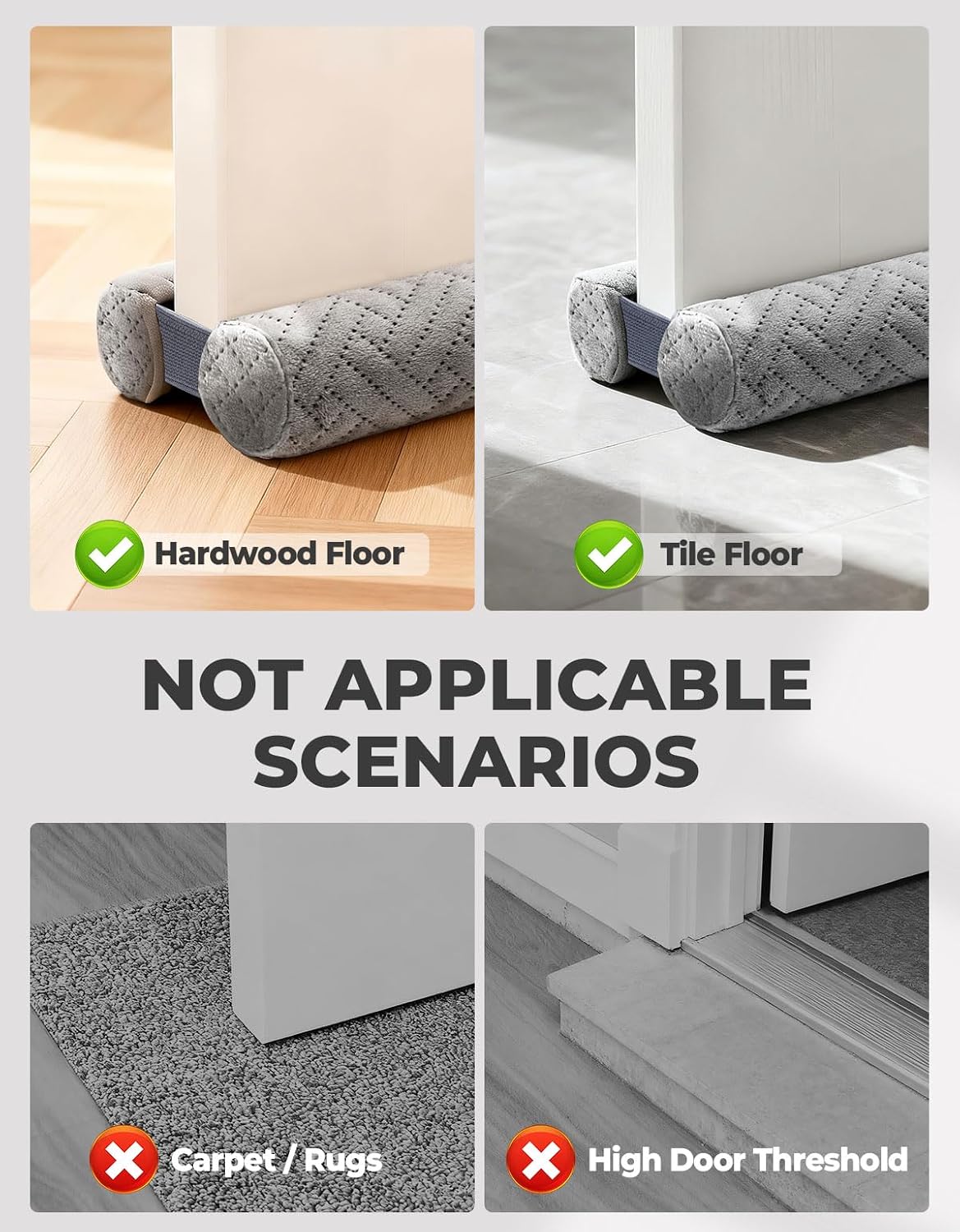 Premium Velvet Under Door Draft Stopper Noise Blocker – Blocks Drafts, Dust, Noise & Light, 32-36 Inch Adjustable Door Sweep Gap Filler Bottom Door with Secure Hook & Loop Tabs