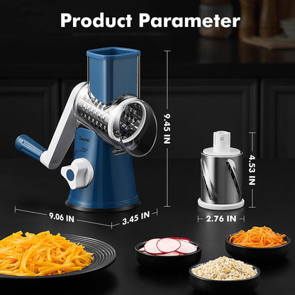 Geedel Rotary Cheese Grater, Kitchen Mandoline Vegetable Slicer with 3 Interchangeable Blades, Easy to Clean Rotary Grater Slicer for Fruit, Vegetables, Nuts | 3 Blades, 430 Stainless Steel, 12x Fast Cutting, Strong Suction Base, No BPA, Dishwasher Safe,