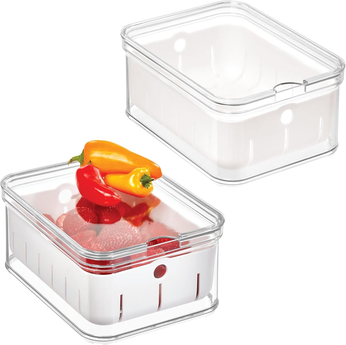 iDesign Small Fridge Berry Bin with Removable Colander Basket and Lid - Set of 2 - Clear/White
