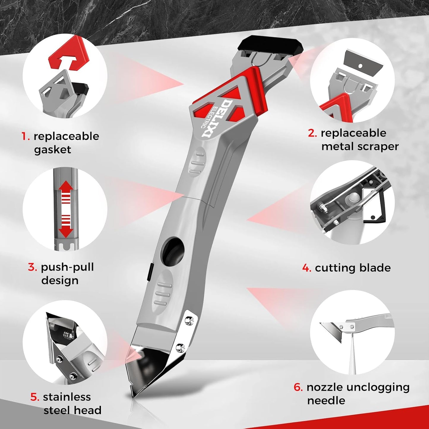 7 in 1 Caulking Tool with 5 Silicone Pads and 10pcs Caulking Tool Kit, Caulk Remover Tool with Replacement Blades and Unclogging Needle, Caulking Removal Tool for Kitchen Bathroom and Window