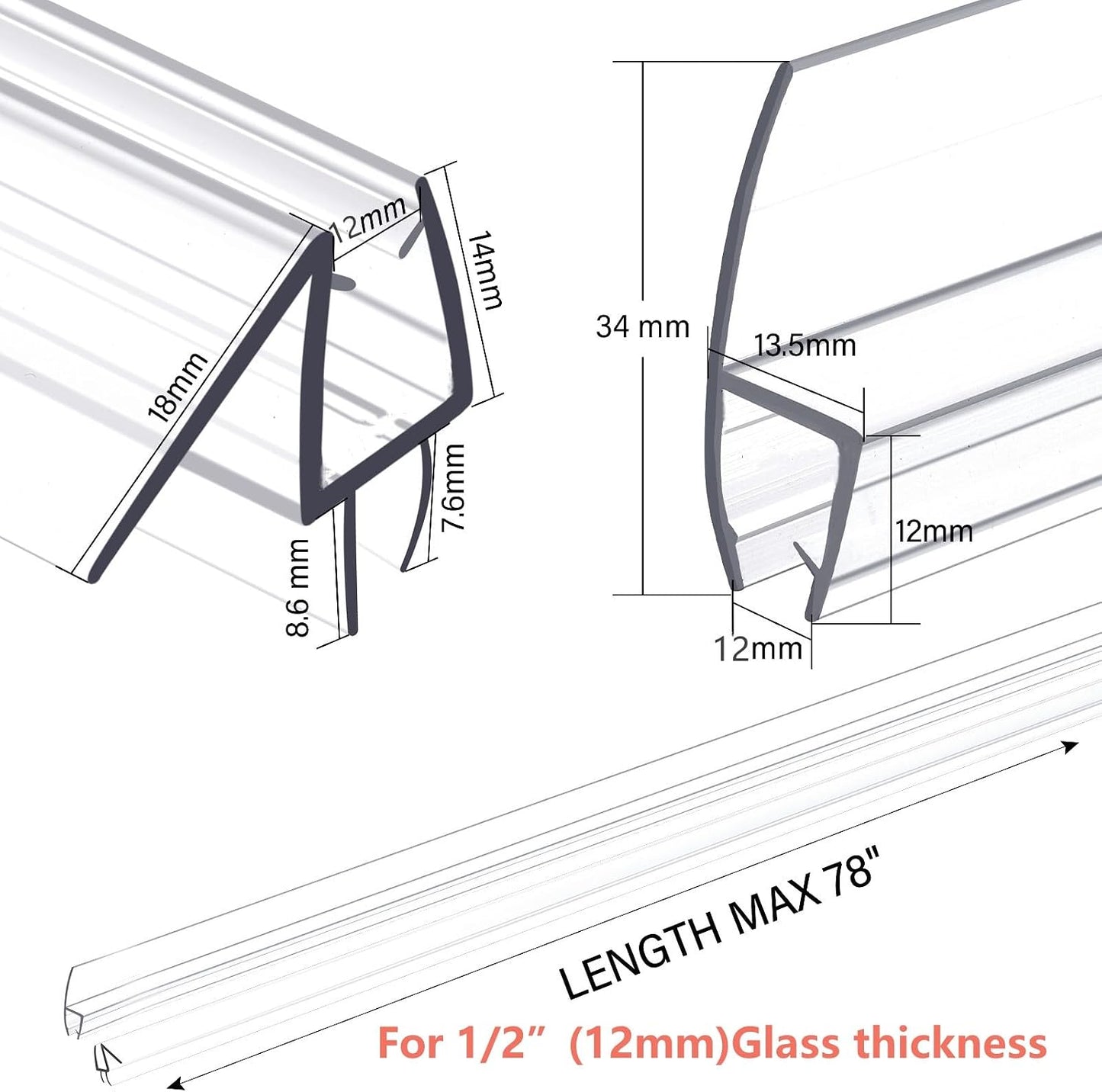 Shower Door Bottom Seal 2-Pack, 36"(914mm) Long PVC Strips with Drip Rail for 5/16"(8mm) Glass Door, Prevent Water from Spilling and Keeps The Room Clean