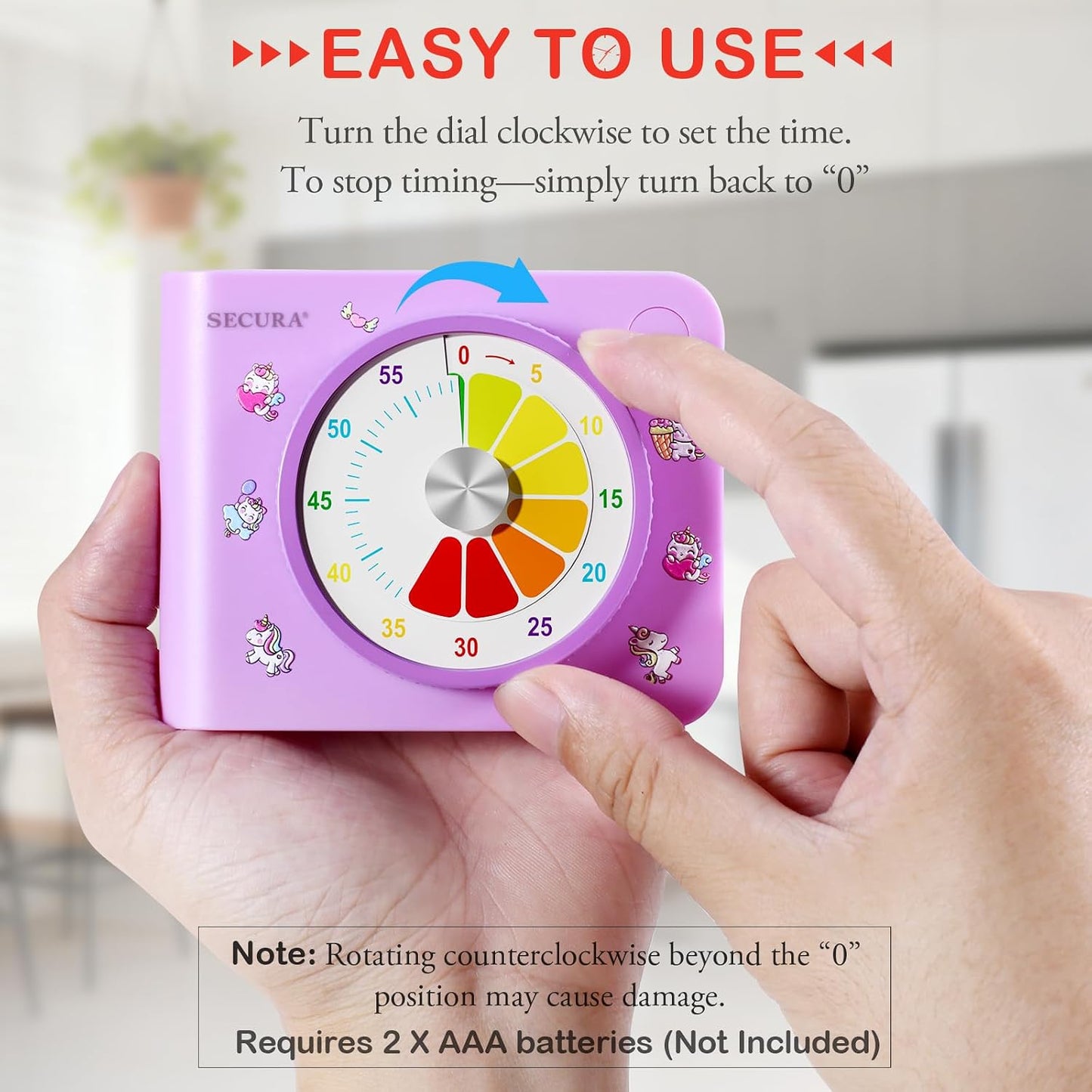 Secura 60 Minute Visual Timer for Kids, Countdown Timer for Time Management | Silent ADHD Timer with Pause, Magnetic Back, Stand, for Classroom, Home, School, Kitchen, Office (Purple)
