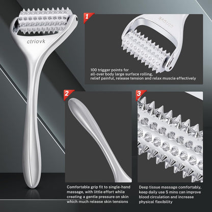 Acupuncture Massage Roller with Acupressure Spikes Roller Massager | Stainless Steel Massage Tool Face Roller, Back & Leg, Finger & Foot Roller, Spiky Massage Roller for Muscle Rolling Massage