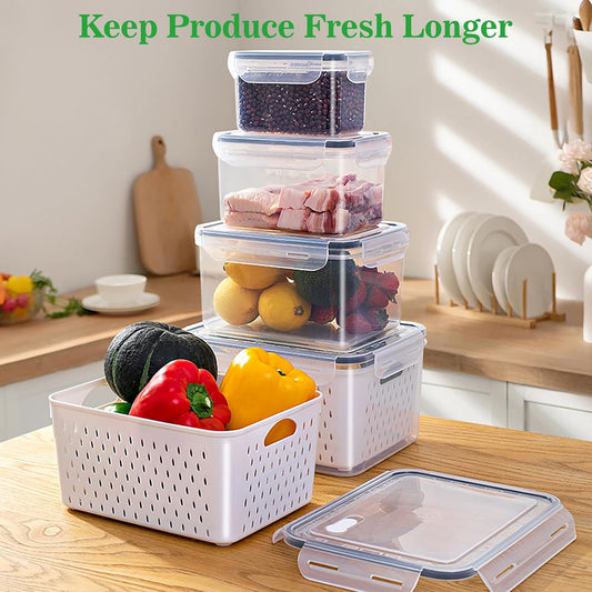 Fruit Storage Containers for Fridge with Removable Colander, Food Storage Containers with Lids, Dishwasher & Microwave Safe, Keep Berry Fruit Vegetable Meat Fresh Longer (Clear Body/Clear Lid)