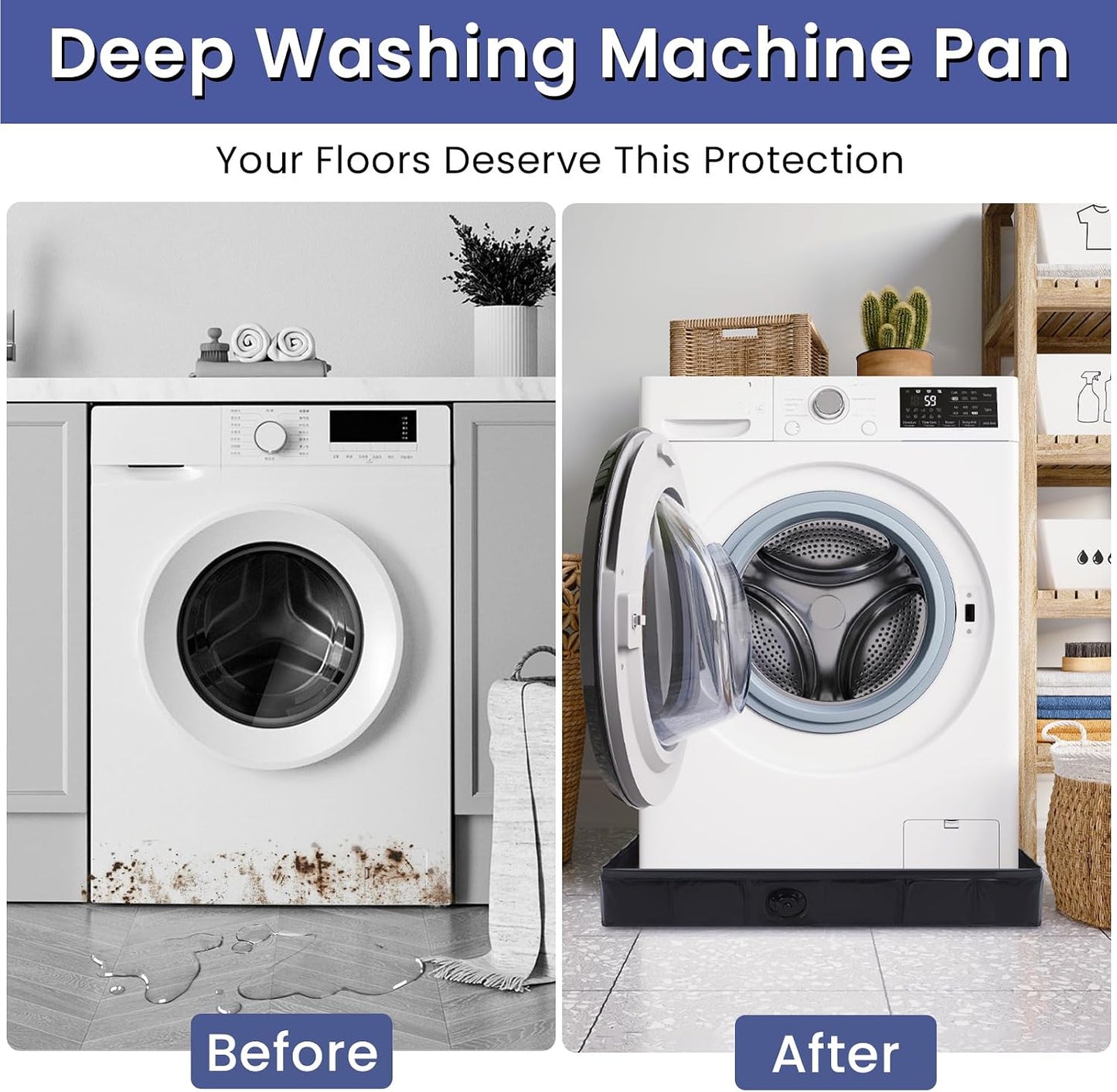 Large Washing Machine Pan with Anti-Vibration Feet 31" x 31" Foldable | Waterproof Under Washer and Dryer Drain Pan Floor Protector 4.7" Raised Edge Mat for Sudden Water Leakage Black