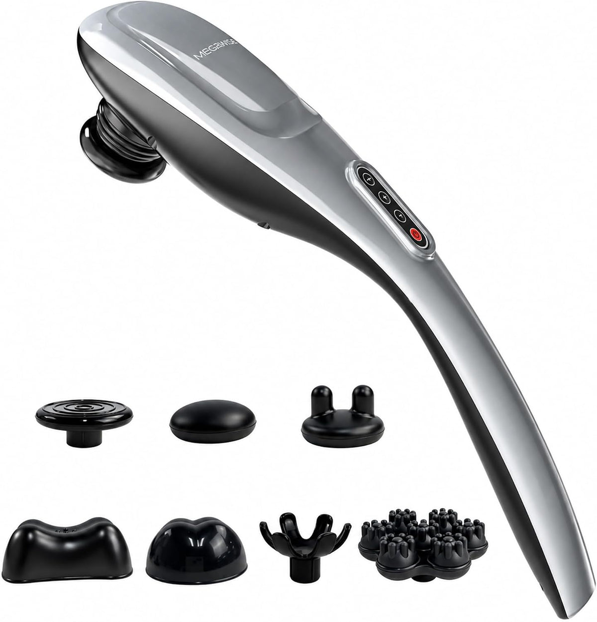 MEGAWISE Handheld Back Massager | Deep Tissue Percussion Massage for Back, Neck, Shoulders, Waist and Legs (Cordless Silver)