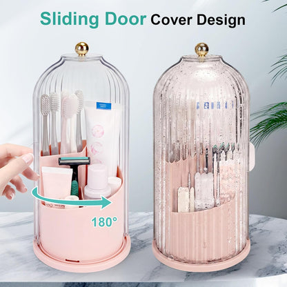 QIYVLOS Toothbrush Holders with Sliding Lid, Rotating 3 Slots Bathroom Organizer Countertop, Tooth Brush Toothpaste Holder Bathroom Counter Stand Sink Organizer Caddy for Vanity Makeup Brushes Holder