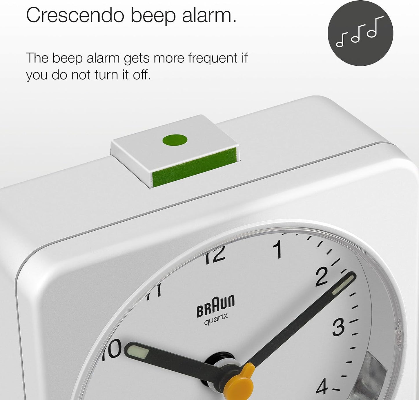 Braun Classic Analogue Alarm Clock with Snooze and Light, Quiet Quartz Sweeping Movement, Crescendo Beep Alarm in White, Model BC03W.