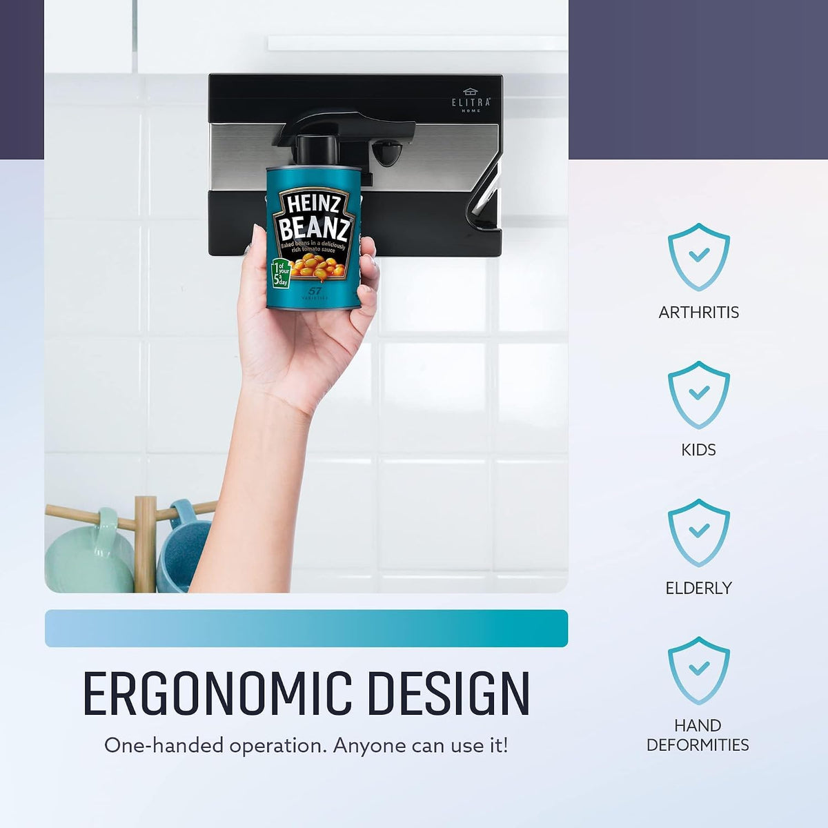 ELITRA HOME 3-In-1 Under The Cabinet Electric Can Opener - Black