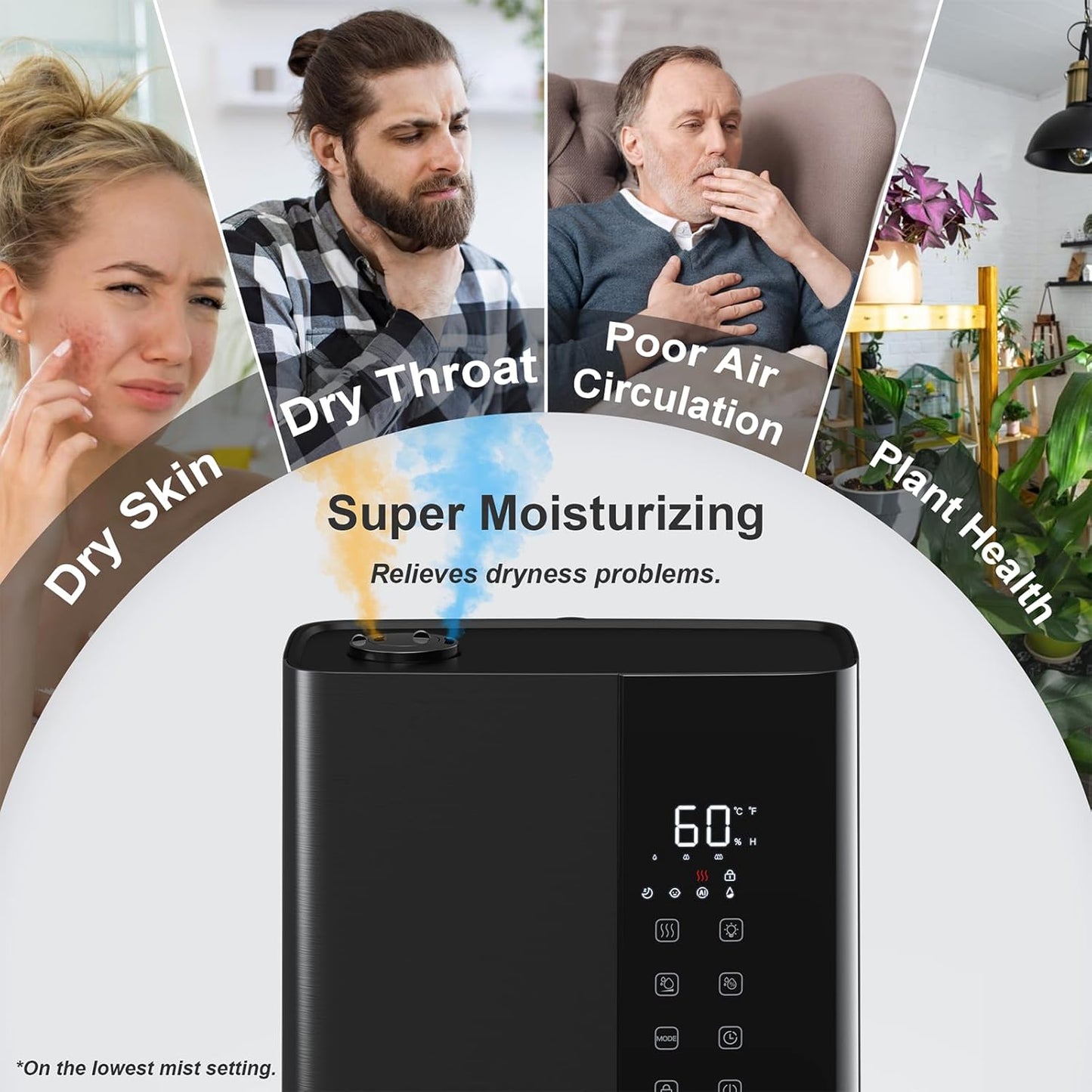 JRD Humidifiers for Bedroom, Ultrasonic Humidifier 4L for Large Room, Cool Mist Top-Fill, 40H Run, 12H Timer, 360° Nozzle, Aroma Diffuser, 7-Color Night Light for Home, Office, Baby-White