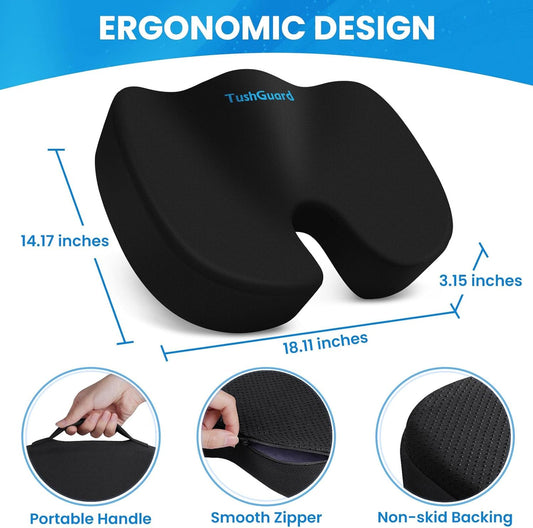 Seat Cushion for Office Chair, Memory Foam Chair Cushion, Black | Office Chair Cushion for Car, Airplane - Chair Pad, Butt Pillow for Long Sitting Sciatica, Hip, Coccyx,Tailbone Pain Relief