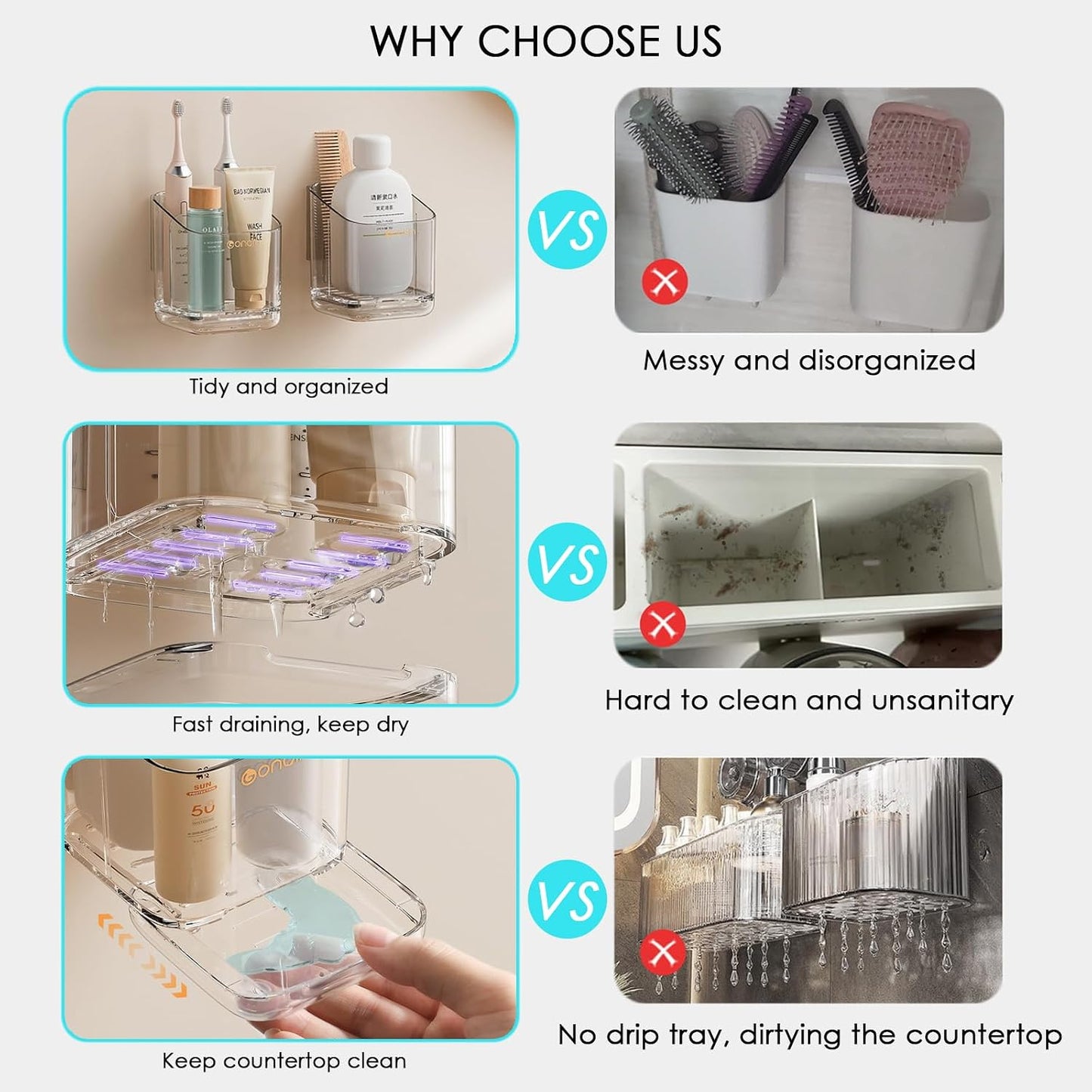 Toothbrush Holders for Bathroom - Detachable Divided Design, Drawer Drainage Tray, Adhesive Wall-Mounted/Countertop Dual-Use, Large Capacity Organizer for Bathroom/Kitchen/Office, Easy Install (Clear)