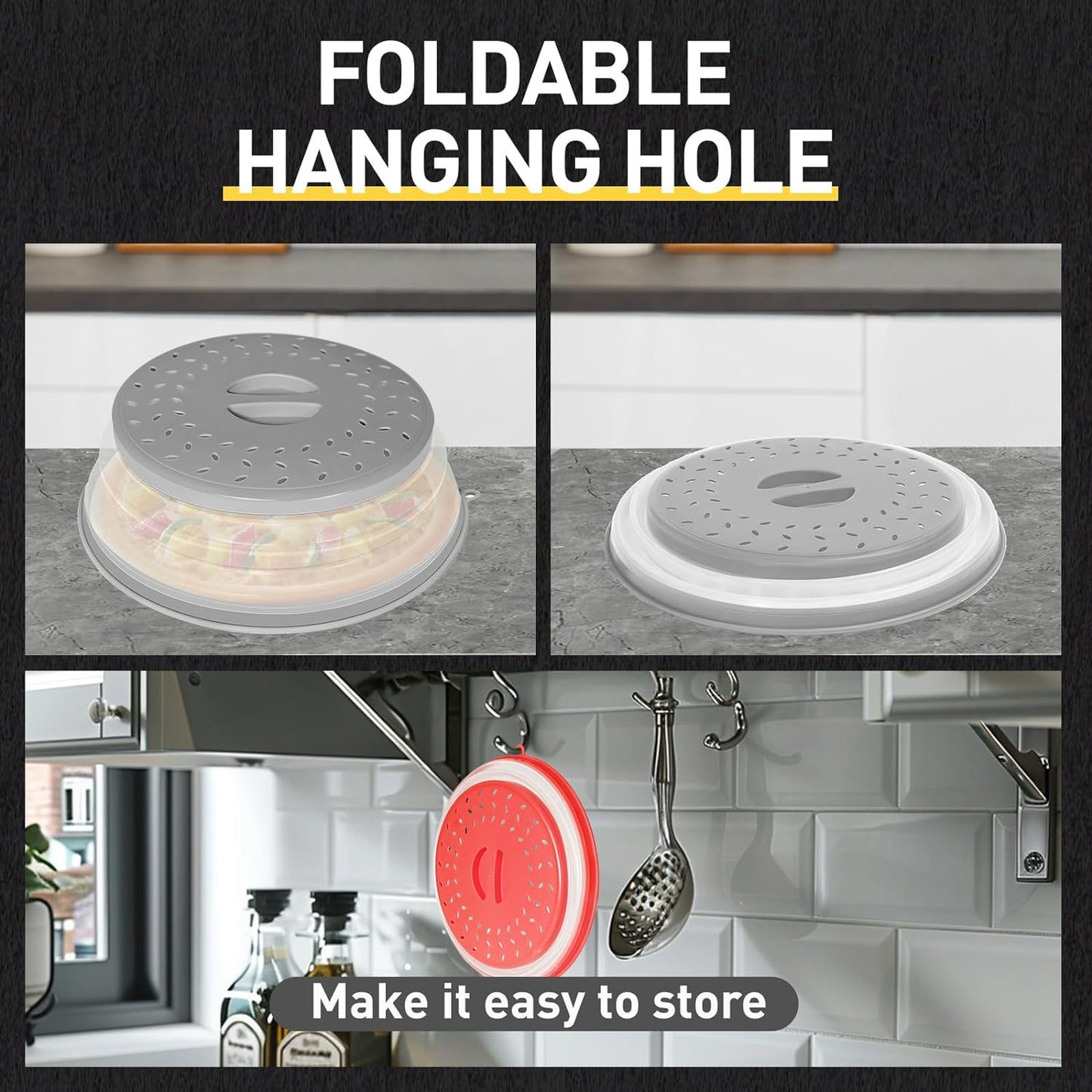 2 Pack Collapsible Microwave Splatter Cover, Red & Grey | Vented Microwave Splatter Guard Food Cover with Hook Hole, Vegetable Fruit Colander Multi-function Kitchen Gadget