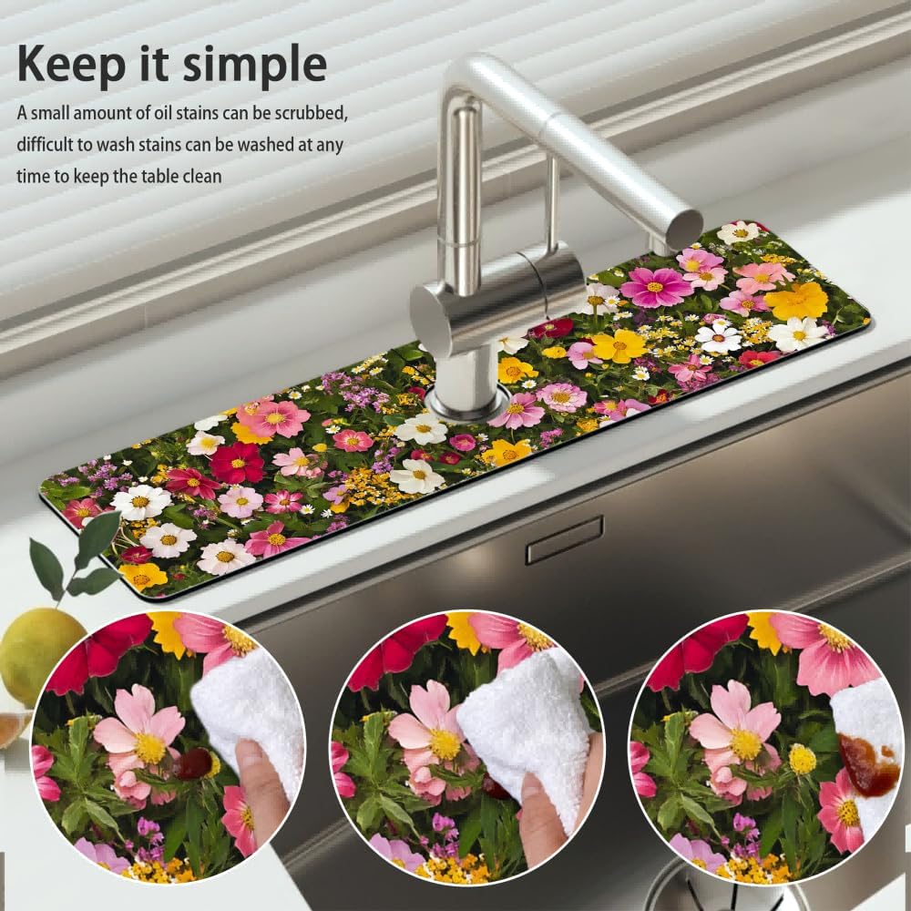 Bimkole 2 PCS Faucet Absorbent Mat, Kitchen Faucet Sink Splash Guard Wraparound Cloth Pads Drip Catcher for Sink Faucet for Kitchen Bathroom Faucet, Colorful Faucet Mat, 15 x 4 Inch Flower A6