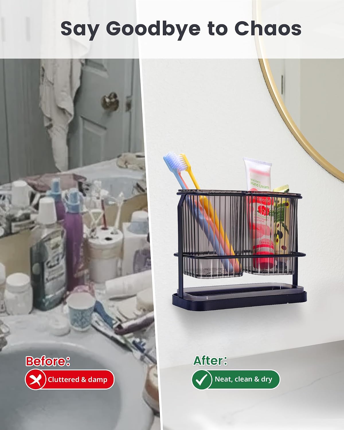 Clear Toothbrush Holders for Bathroom, 2 Cups Wall Mounted, Dry & Wet Separation, Organizers and Storage Set for Family Kids