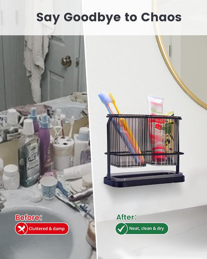 Clear Toothbrush Holders for Bathroom, 2 Cups Wall Mounted, Dry & Wet Separation, Organizers and Storage Set for Family Kids