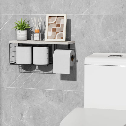 VITVITI Toilet Paper Holder with Shelf, Wall Mounted Storage Basket, Brown | Farmhouse Wall Mount Toilet Paper Holder Shelves, Wood Metal Toilet Roll Wipes Holder for Bathroom