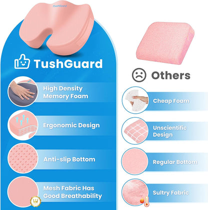 TushGuard Seat Cushion for Office Chair, Memory Foam Chair Cushion, Black | Office Chair Cushion for Car, Airplane - Chair Pad, Butt Pillow for Long Sitting Sciatica, Hip, Coccyx,Tailbone Pain Relief