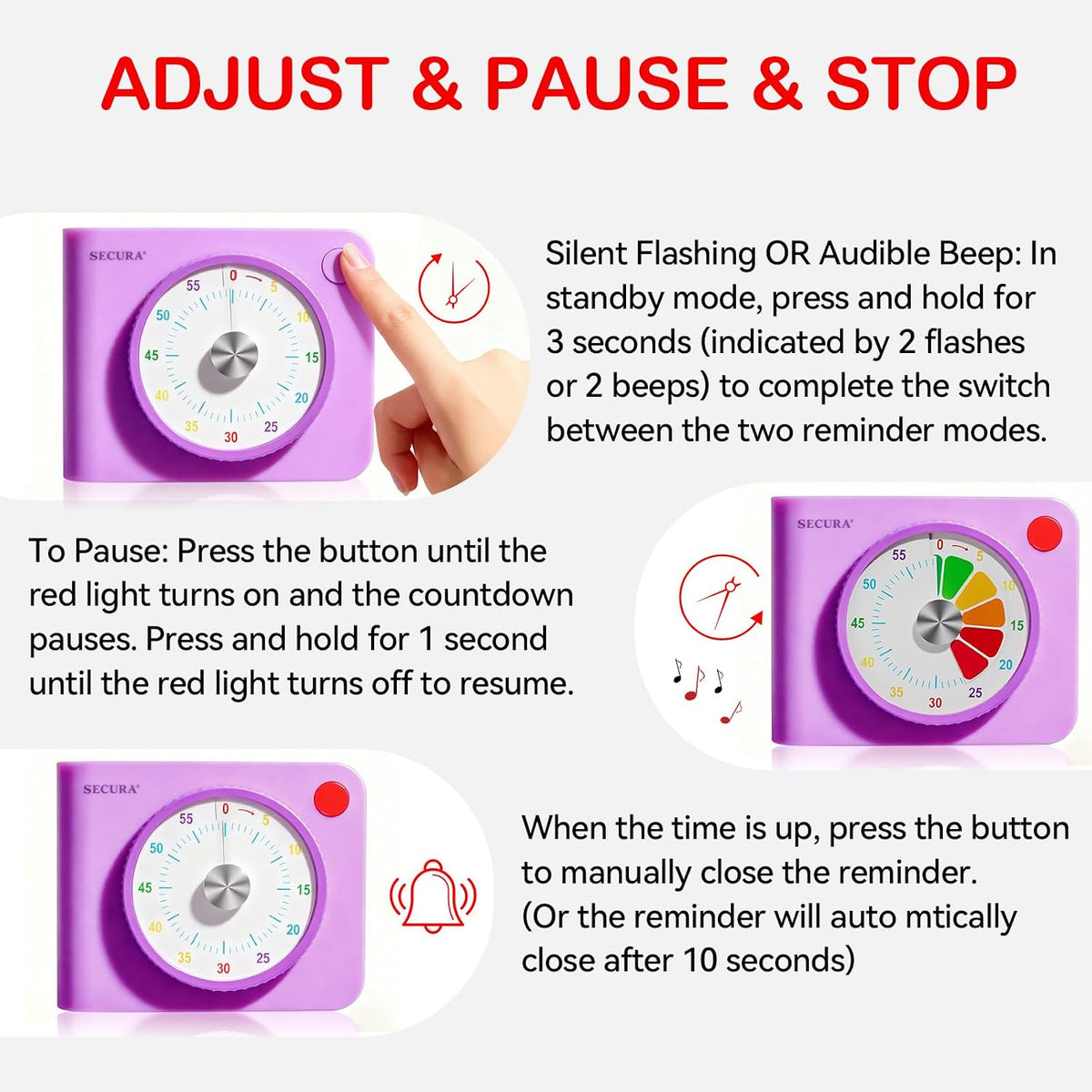 Secura 60 Minute Visual Timer for Kids, Countdown Timer for Time Management