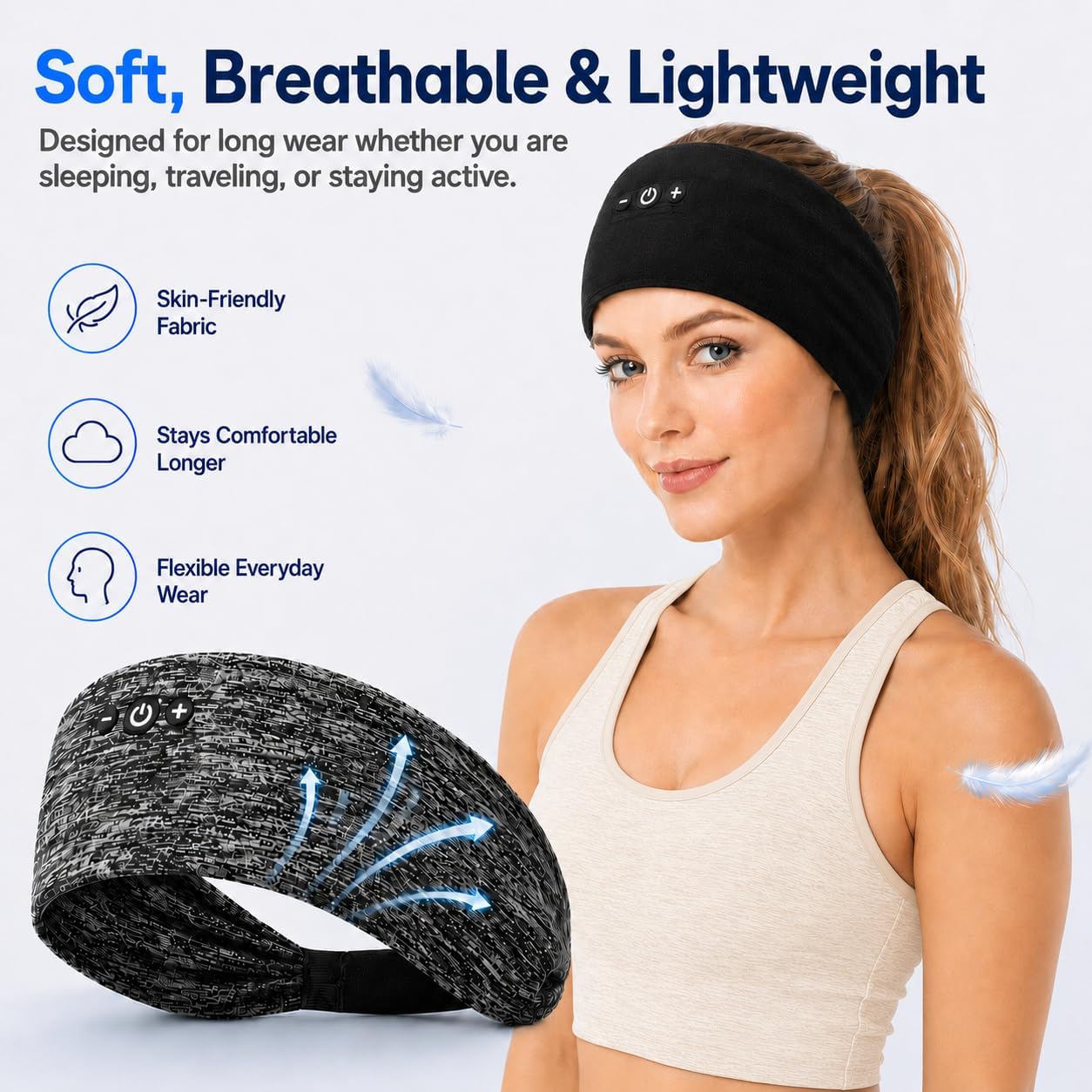 2-Pack Bluetooth Sleep Headphones with Ultra-Thin Speakers, Headband Headphones for Sleeping & Sports, No Ear Pressure for Side Sleepers,12-Hour Battery, Works with All Bluetooth Device-Black&Gray