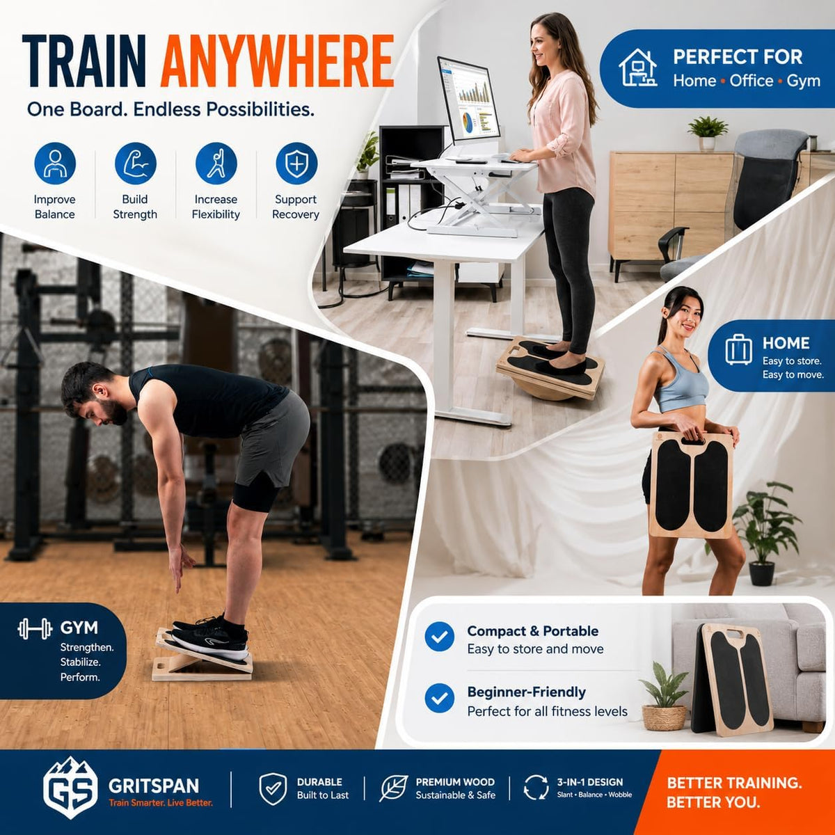 Slant Boards for Exercise, 3-in-1 Wooden Calf Stretcher, Rocker Balance Board and 360° Wobble Board, 5 Adjustable Angles, Anti-Slip Surface, Training Poster Included
