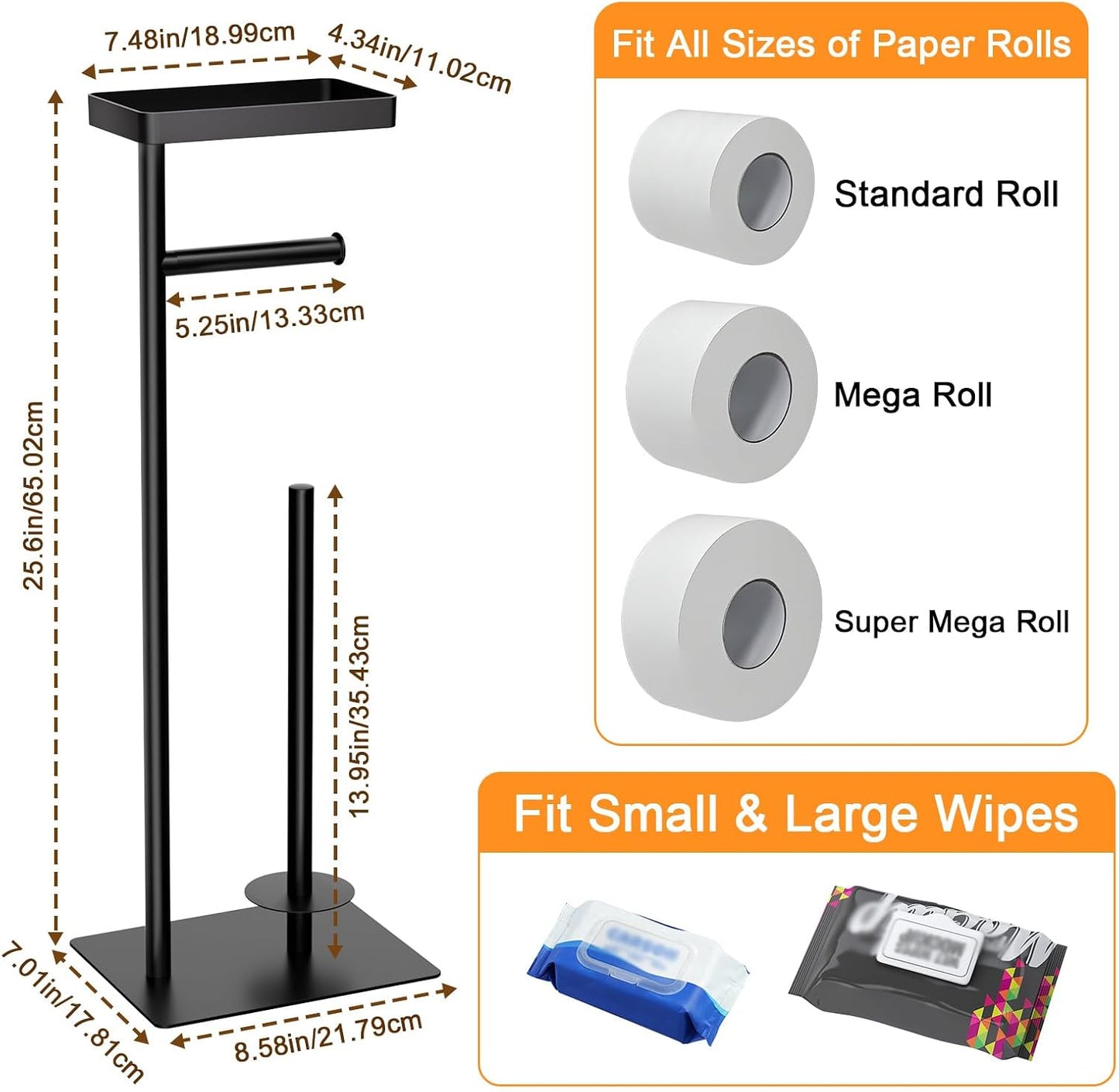 Toilet Paper Holder Free Standing - Toilet Paper Stand with Shelf | Storage for 4 Rolls- Bathroom Organizers, No Drill, for Large Toilet Rolls, 29.7 inch*12.6 inch (Matte Black)