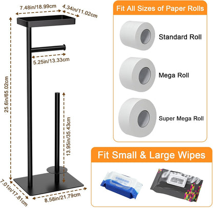 Toilet Paper Holder Free Standing - Toilet Paper Stand with Shelf | Storage for 4 Rolls- Bathroom Organizers, No Drill, for Large Toilet Rolls, 29.7 inch*12.6 inch (Matte Black)